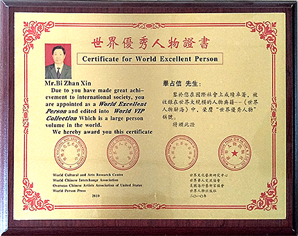 世界优秀人物证书